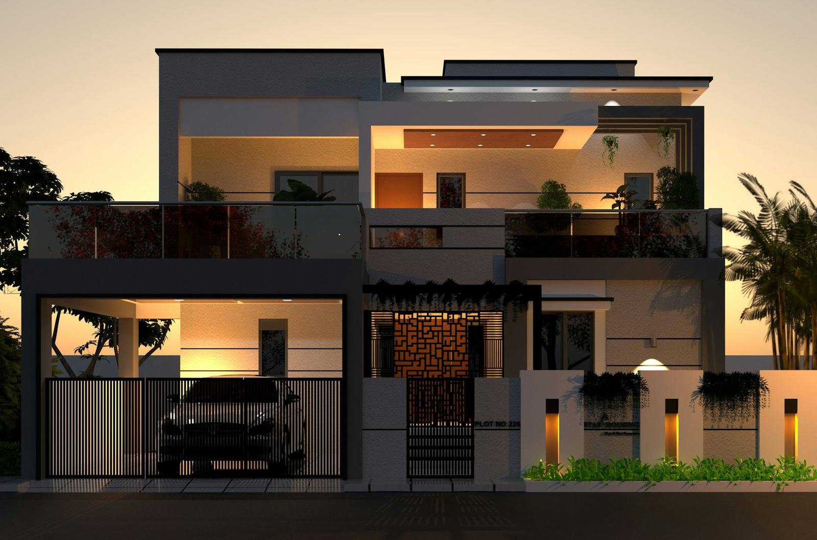 Modern two-storey home at dusk with warm lights