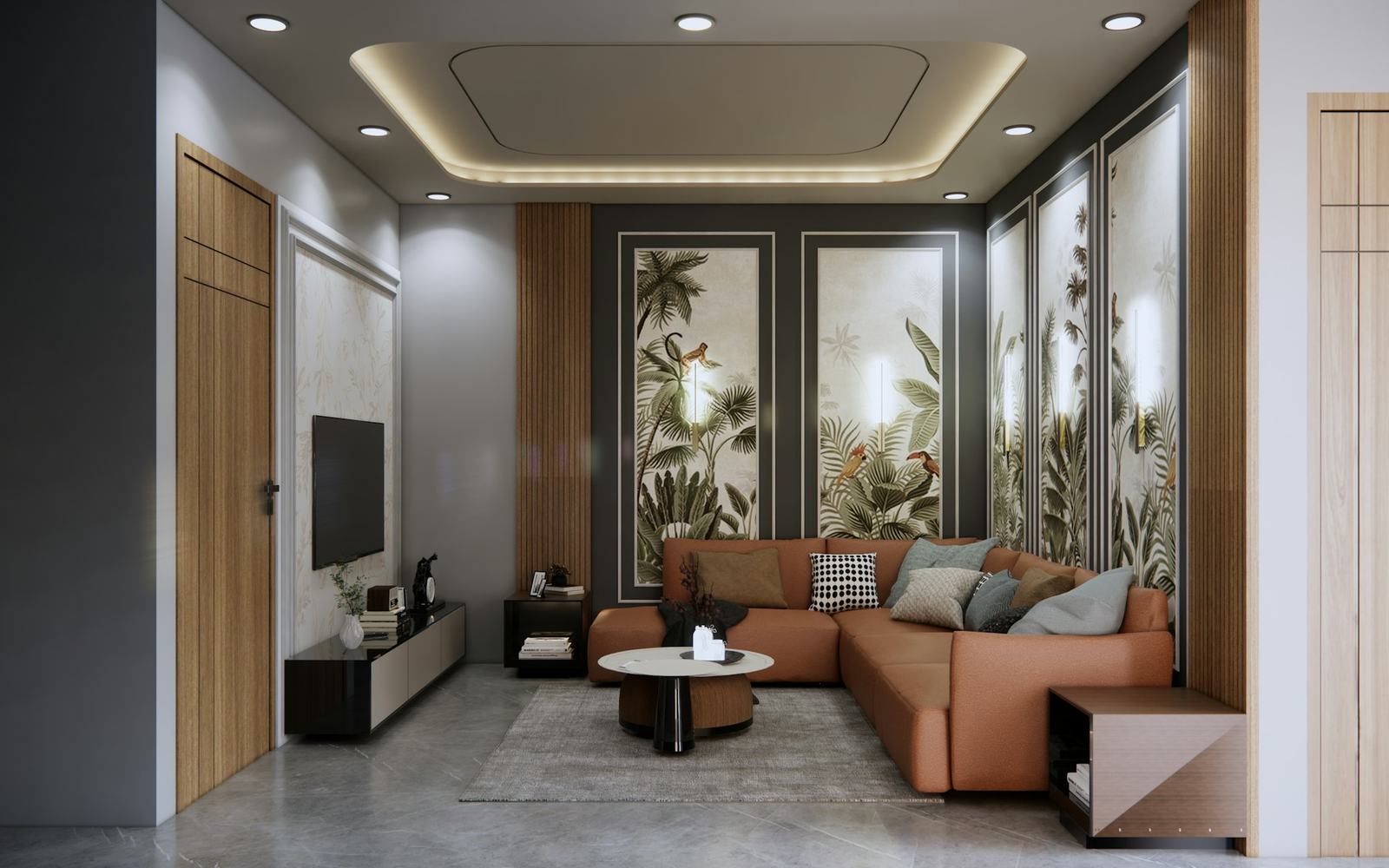 Living room with a cove-lit false ceiling