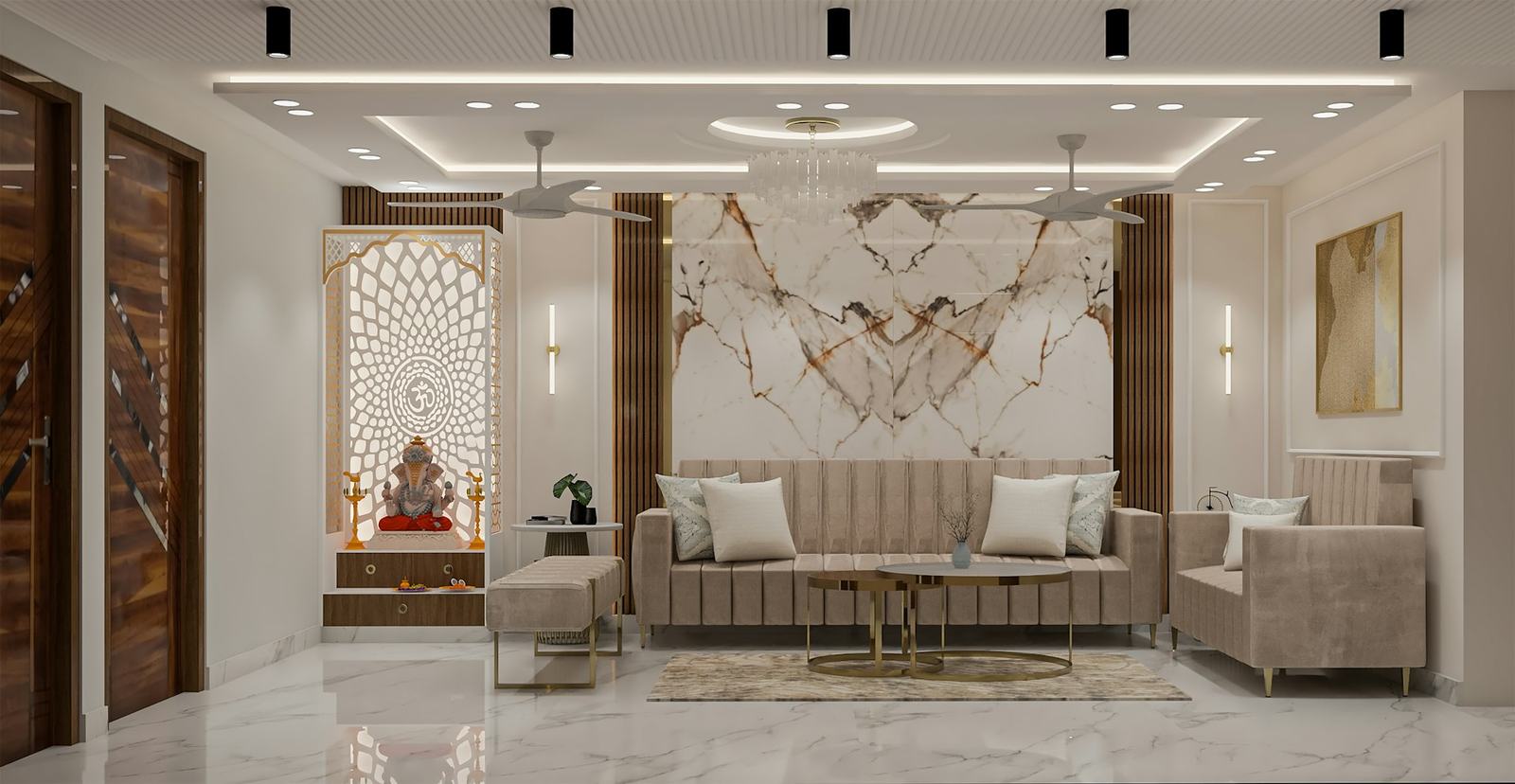 Living room with a marble wall, false ceiling, lighting and a carved mandir screen
