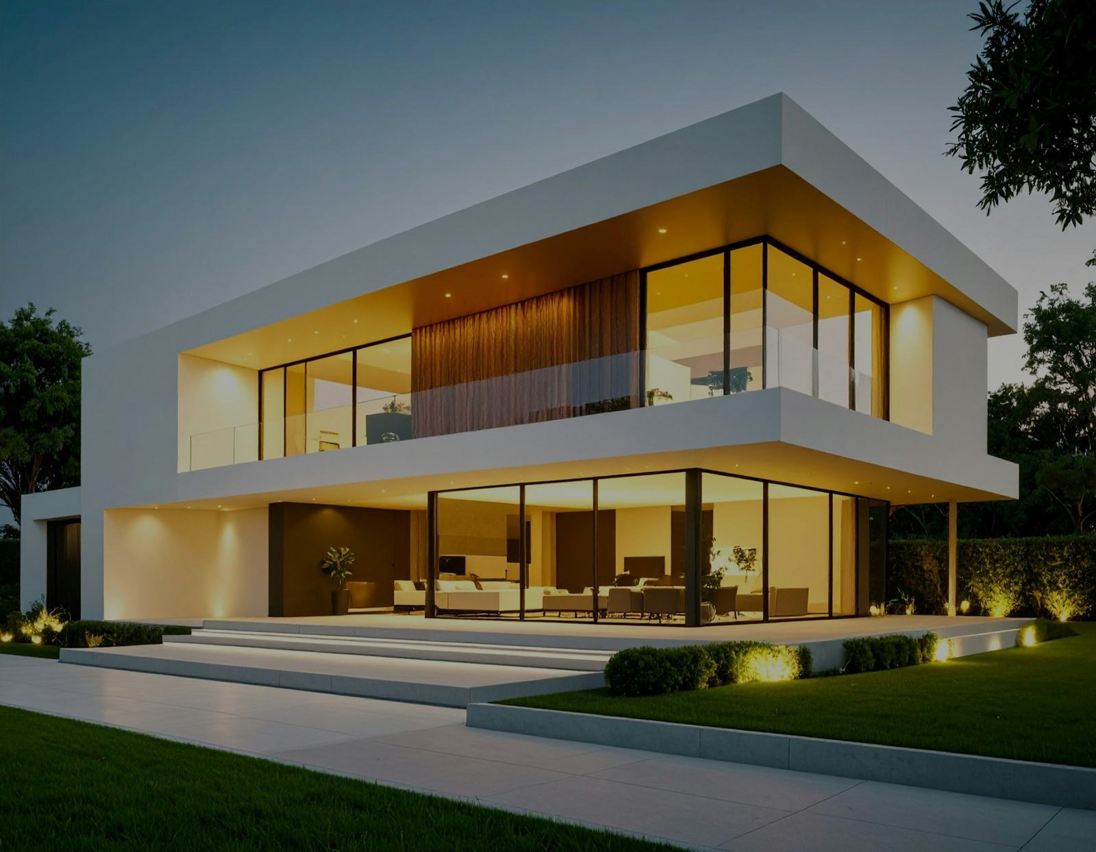White modern villa lit at dusk